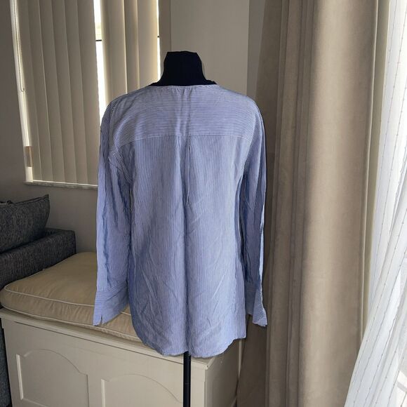 ZARA BLUE VARSITY LETTERMAN PATCH STRIPED TOP SWEATER Hi Low BLOUSE  S - Picture 4 of 7